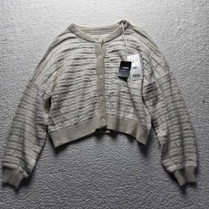 AZUL Cardigan Sweater Womens Medium Beige Crew Neck Button Front Knit Cropped